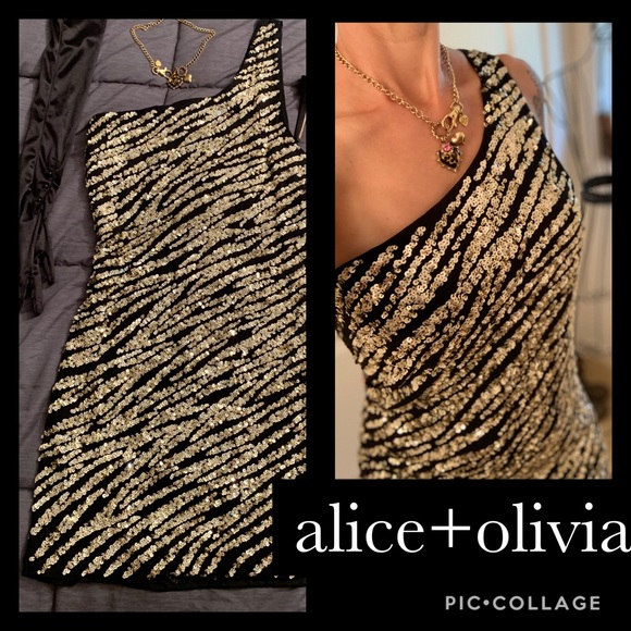 Alice + Olivia Dresses & Skirts - Alice+Olivia Gold Sequin one shoulder zebra print